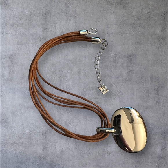 Nine West Gold Oval Pendant Necklace with Brown Cord - Picture 3 of 4